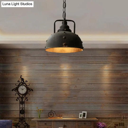 Rustic Style Antique Black Wrought Iron Hanging Pendant Light - 1 Dome Suspension