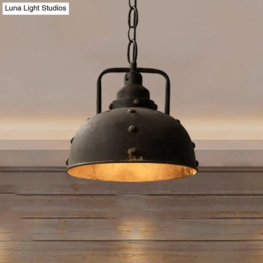 Rustic Style Antique Black Wrought Iron Hanging Pendant Light - 1 Dome Suspension