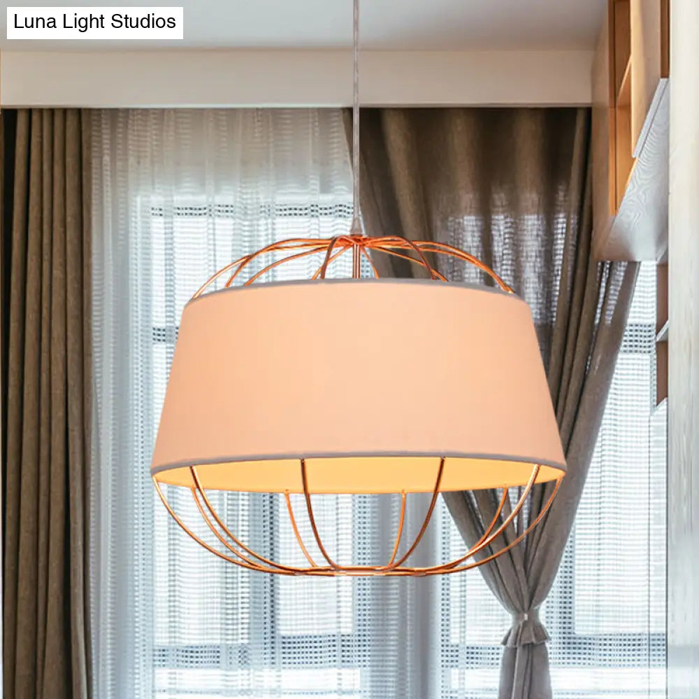 Country Style 1-Bulb Pendant Light Kit - Tapered Drum Fabric Hanging Lamp In White/Black With Wire