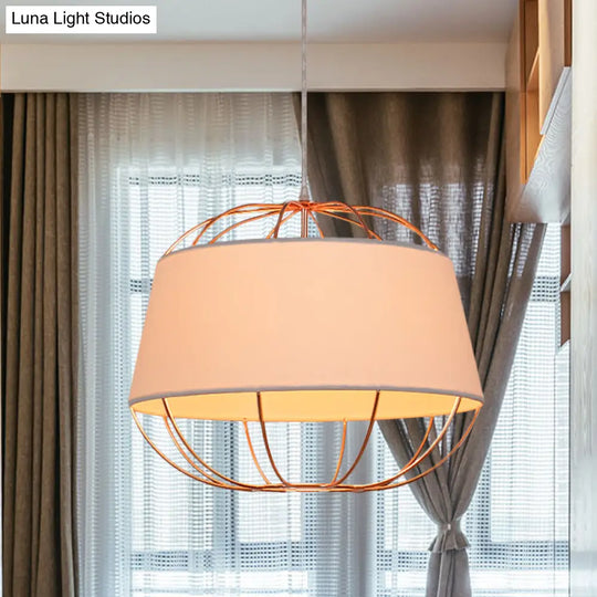 Country Style 1-Bulb Pendant Light Kit - Tapered Drum Fabric Hanging Lamp In White/Black With Wire