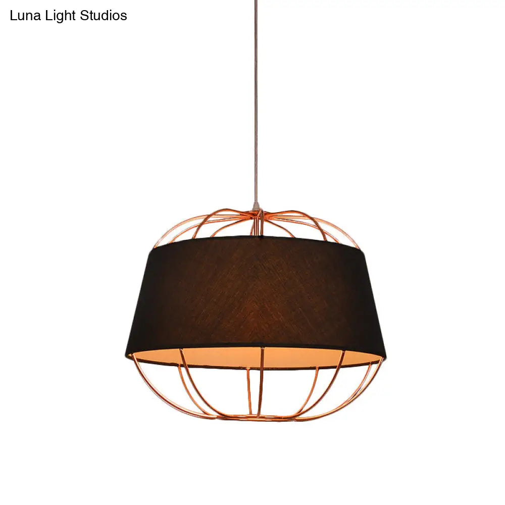 Country Style 1-Bulb Pendant Light Kit - Tapered Drum Fabric Hanging Lamp In White/Black With Wire