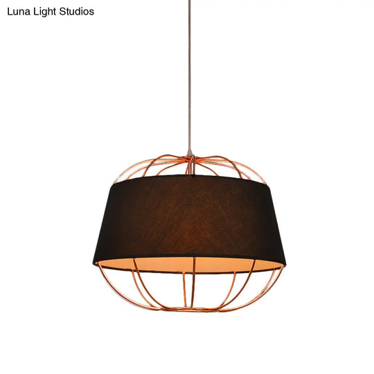 Country Style 1-Bulb Pendant Light Kit - Tapered Drum Fabric Hanging Lamp In White/Black With Wire