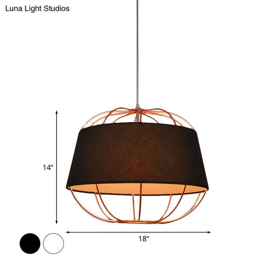 Country Style 1-Bulb Pendant Light Kit - Tapered Drum Fabric Hanging Lamp In White/Black With Wire
