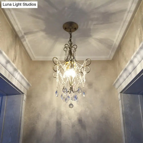 Country Style 1-Light Metal Hanging Ceiling Light With Crystal Droplet For Corridor