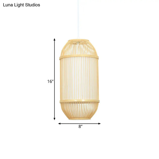 Country Style Bamboo 1-Light Oblong Shade Hanging Lamp - Ideal For Bedroom Ceiling Beige