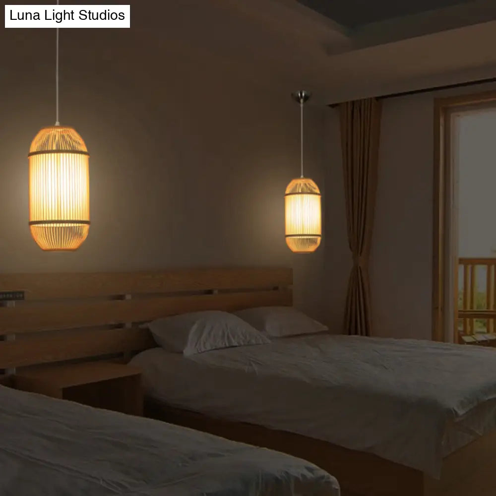 Country Style Bamboo 1-Light Oblong Shade Hanging Lamp - Ideal For Bedroom Ceiling Beige