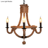 Country Style Black Metal Chandelier With 3 Candle Lights And Rope Detail