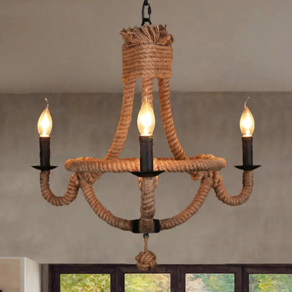 Country Style Black Metal Chandelier With 3 Candle Lights And Rope Detail