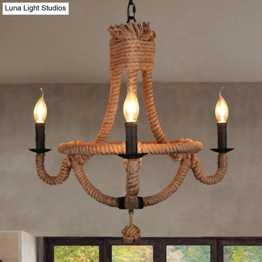 Country Style Black Metal Chandelier With Rope Detail - 3-Light Candle Pendant Light