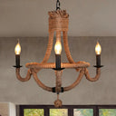 Country Style Black Metal Chandelier With 3 Candle Lights And Rope Detail