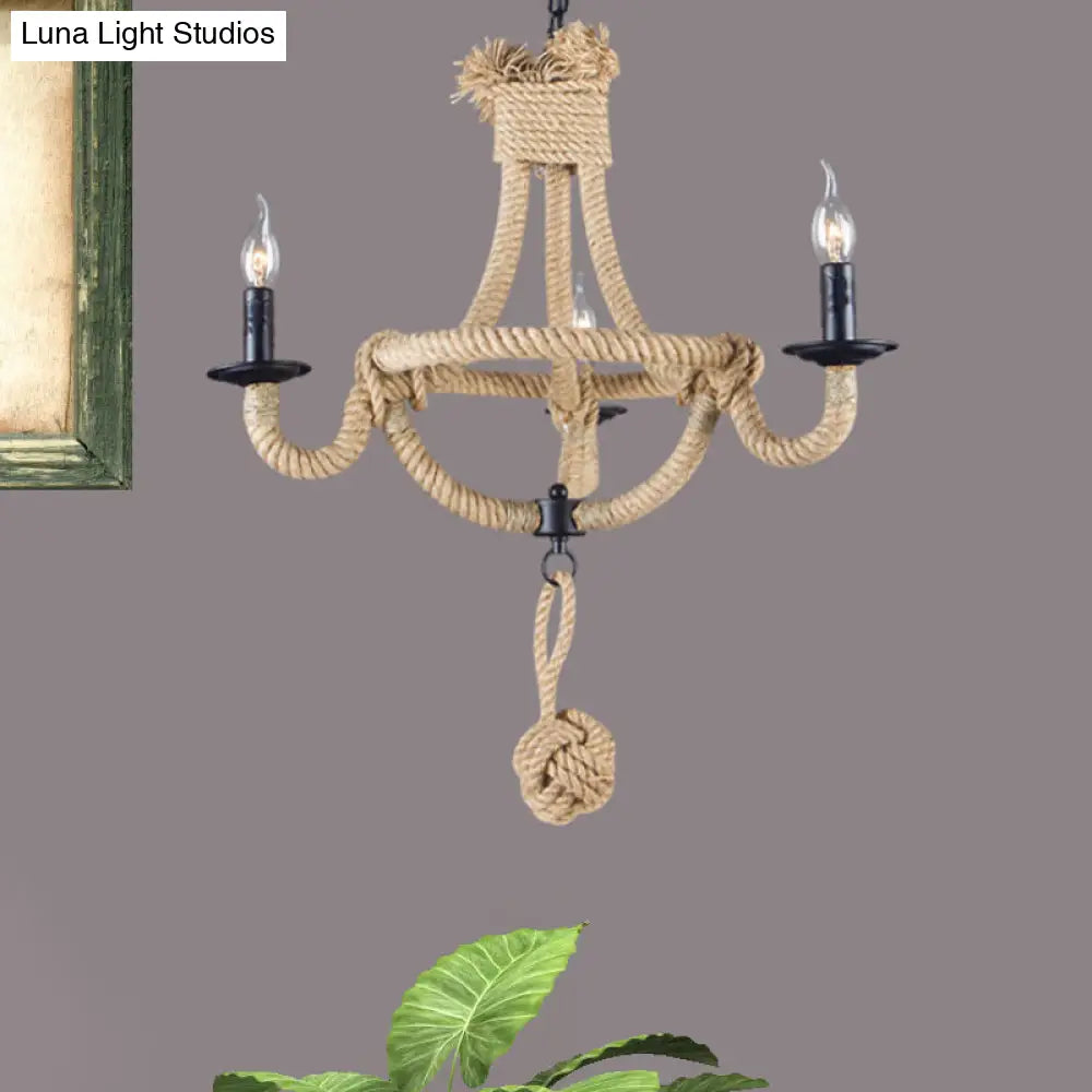 Country Style Black Metal Chandelier With 3 Candle Lights And Rope Detail