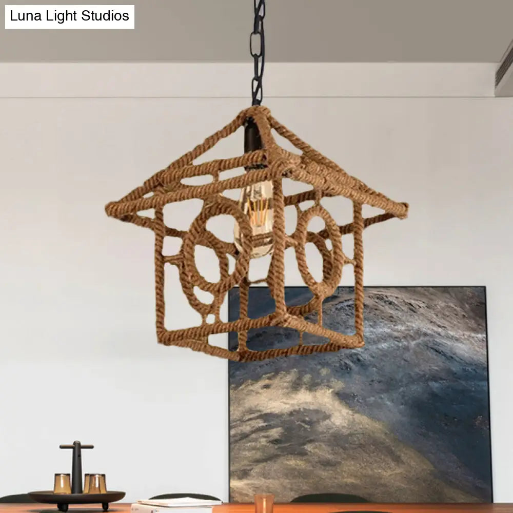 Country Style Black Metal Hanging Ceiling Light With Caged Bulb And Globe/Square Shade – Rope