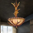 Country Style Brown Pendant Light With Elk Design And Frosted Glass Bowl