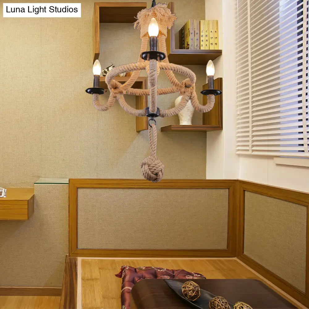 Country Style Brown Rope Hanging Lamp - Rustic 3-Headed Bowl Cage Light Fixture For Restaurants