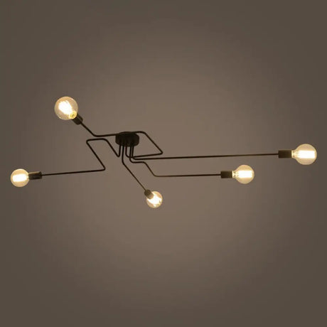 Country Style Ceiling Mounted Lamp: 5 - Light Semi Flush Mount In Black Exposed Bulb Design