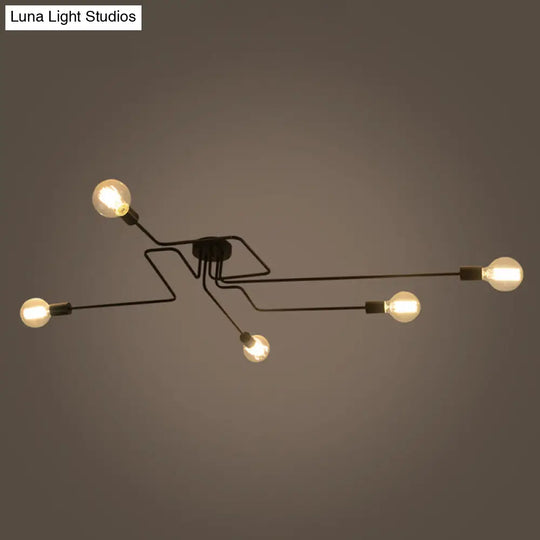 Country Style Ceiling Mounted Lamp: 5-Light Semi Flush Mount In Black Exposed Bulb Design