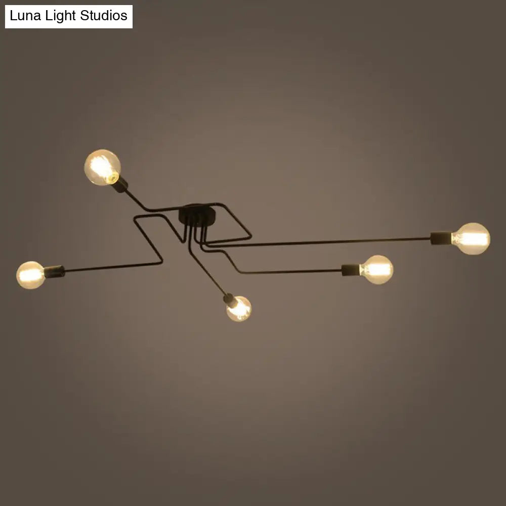 Country Style Ceiling Mounted Lamp: 5-Light Semi Flush Mount In Black Exposed Bulb Design