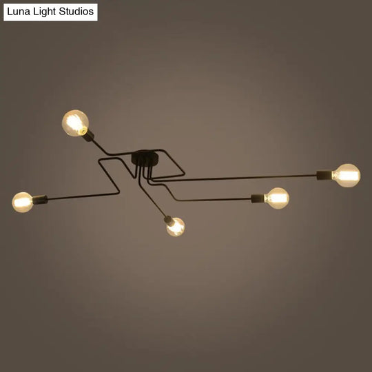 Country Style Ceiling Mounted Lamp: 5-Light Semi Flush Mount In Black Exposed Bulb Design
