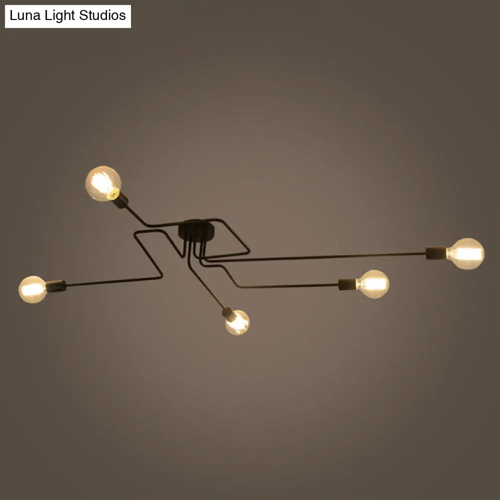 Country Style Ceiling Mounted Lamp: 5 - Light Semi Flush Mount In Black Exposed Bulb Design