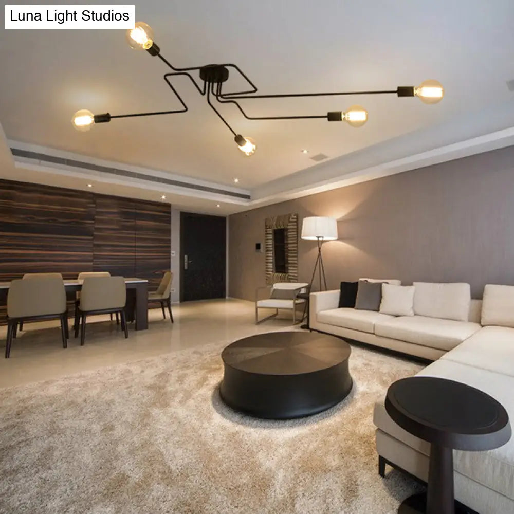 Country Style Ceiling Mounted Lamp: 5 - Light Semi Flush Mount In Black Exposed Bulb Design