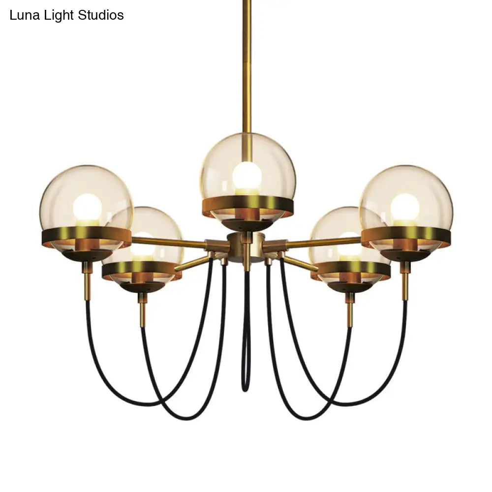 Country-Style Cognac Glass Pendant Light With Swoop Arm - Ball Chandelier