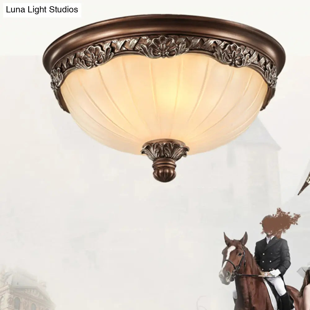 Country Style Dome Ceiling Mount Lamp For Bedroom - Opal Rib Glass Flush Light Fixture