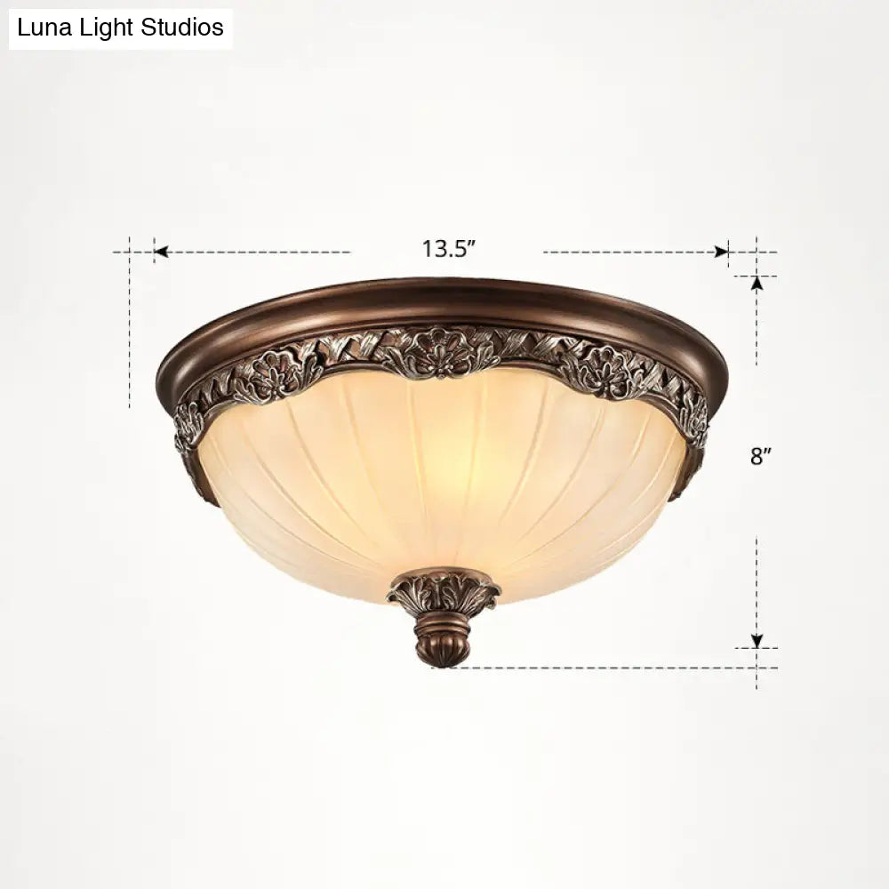 Country Style Dome Ceiling Mount Lamp For Bedroom - Opal Rib Glass Flush Light Fixture Brown / Small