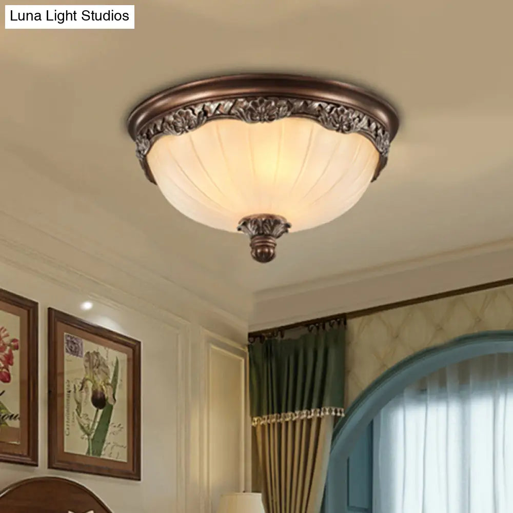 Country Style Dome Ceiling Mount Lamp For Bedroom - Opal Rib Glass Flush Light Fixture