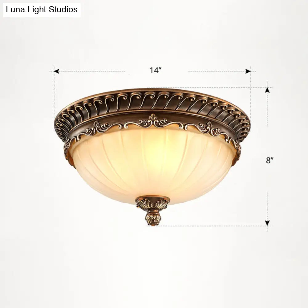 Country Style Dome Ceiling Mount Lamp For Bedroom - Opal Rib Glass Flush Light Fixture Coffee /