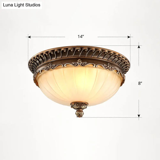 Country Style Dome Ceiling Mount Lamp For Bedroom - Opal Rib Glass Flush Light Fixture Coffee /
