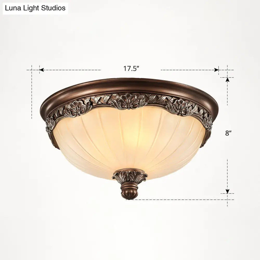 Country Style Dome Ceiling Mount Lamp For Bedroom - Opal Rib Glass Flush Light Fixture Brown / Large