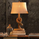 Country Style Fabric Empire Shade Table Lamp: 1-Light Night Light With Rope Pedestal In Flaxen /