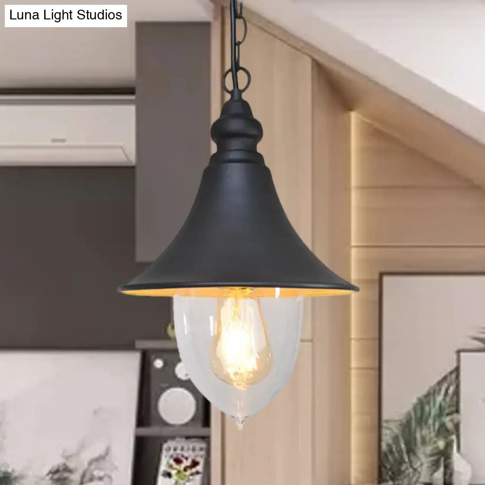Country Style Flared Hanging Light: Black/Bronze/Gold Pendant With Clear Plastic Shade