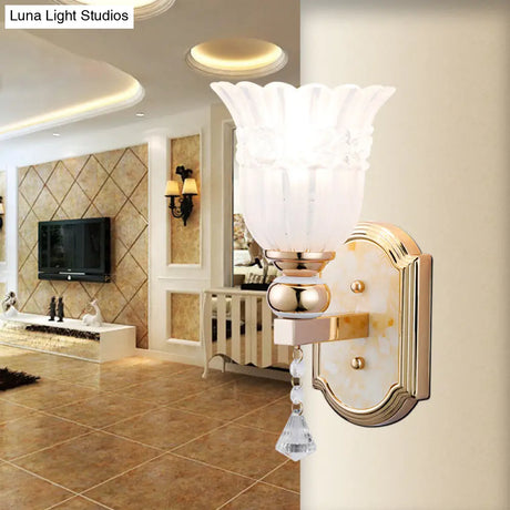 Country Style Frosted Glass Floral Wall Sconce Lamp - Gold Finish Lighting Fixture For Corridor