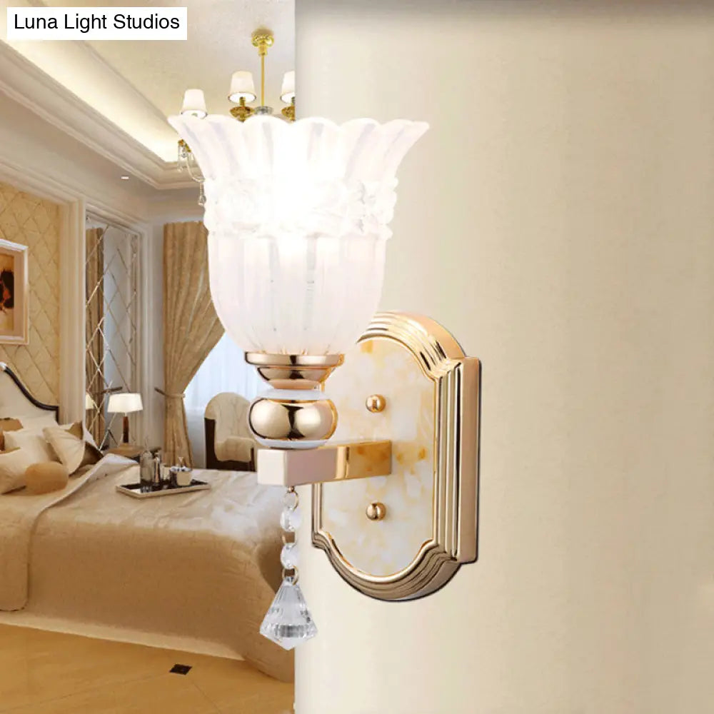 Country Style Frosted Glass Floral Wall Sconce Lamp - Gold Finish Lighting Fixture For Corridor