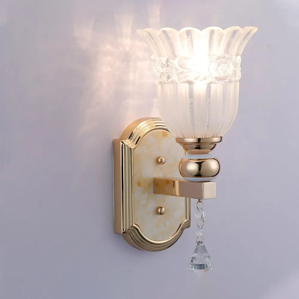 Country Style Frosted Glass Floral Wall Sconce Lamp - Gold Finish Lighting Fixture For Corridor