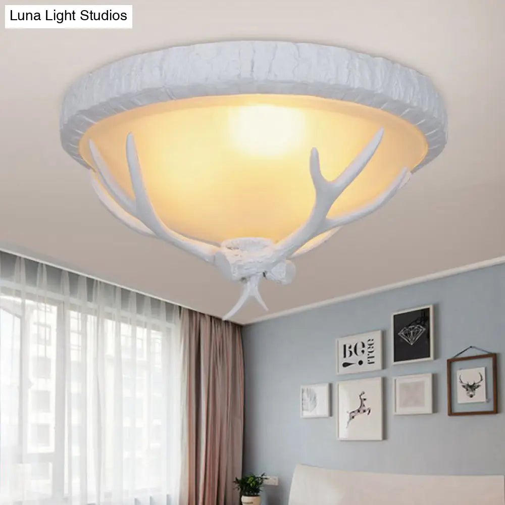 Country - Style Frosted Glass Flush Lamp With Elk Pattern - 3 Lights In White