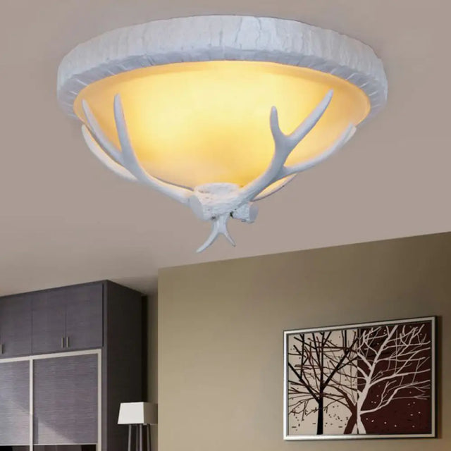 Country - Style Frosted Glass Flush Lamp With Elk Pattern - 3 Lights In White White