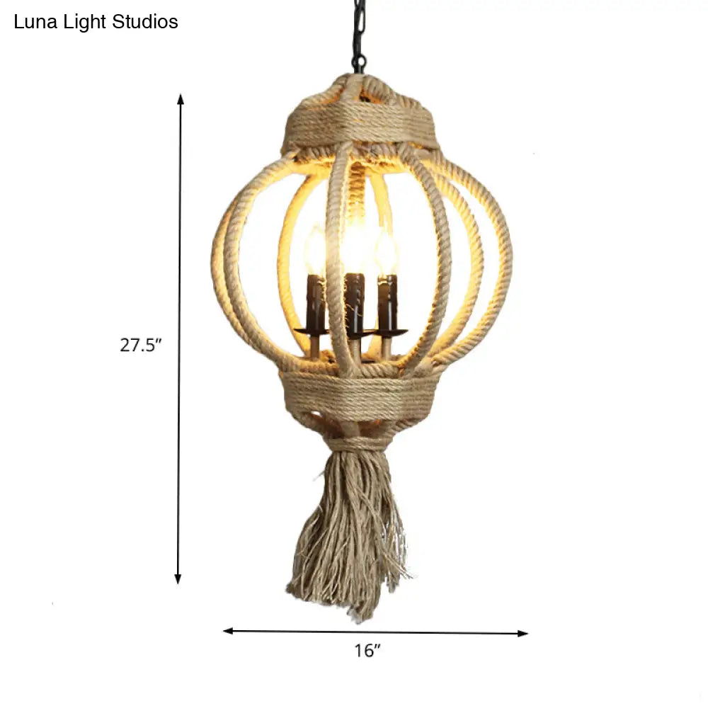 Country Style Hemp Rope Chandelier: 3-Bulb Lantern Cage Hanging Lamp In Beige For Restaurants