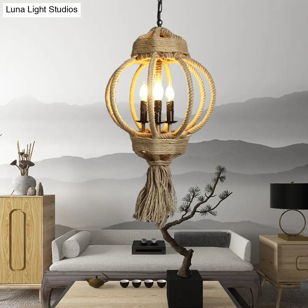 Country Style Hemp Rope Chandelier: 3-Bulb Lantern Cage Hanging Lamp In Beige For Restaurants