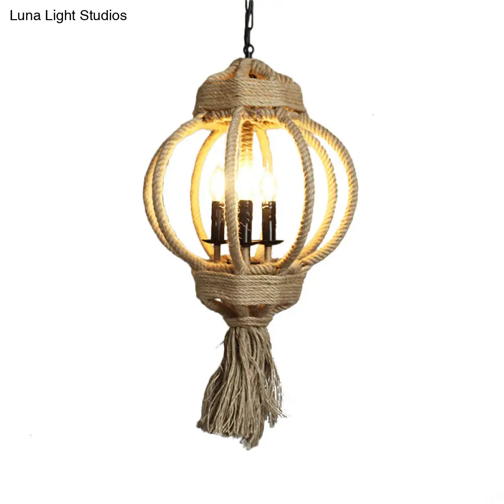 Country Style Hemp Rope Chandelier: 3-Bulb Lantern Cage Hanging Lamp In Beige For Restaurants