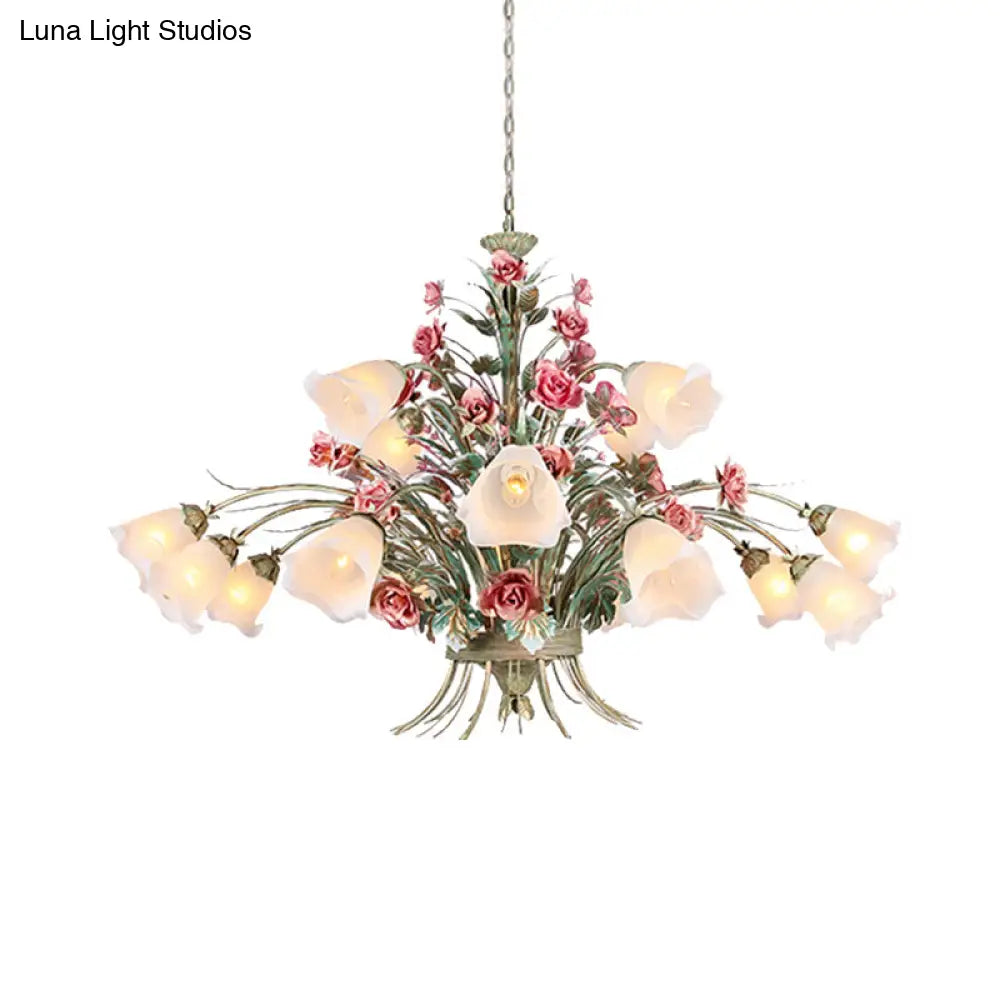 Country Style Metal Chandelier With Curving Arm - 16-Bulb Led Flower Pendant Light Green Ideal For