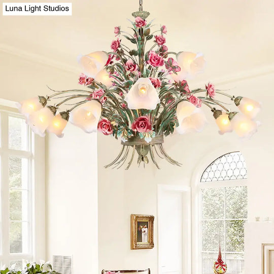 Country Style Metal Chandelier With Curving Arm - 16-Bulb Led Flower Pendant Light Green Ideal For
