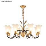 Country Style Mini Flower Pendulum Chandelier With Frosted Glass And Scroll Arm In Black/Gold - 6/8