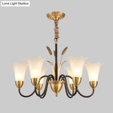Country Style Mini Flower Pendulum Chandelier With Frosted Glass And Scroll Arm In Black/Gold - 6/8