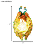 Country Style Peacock Wall Sconce With Crystal Shade For Bedroom - Yellow Resin 1-Light Lamp