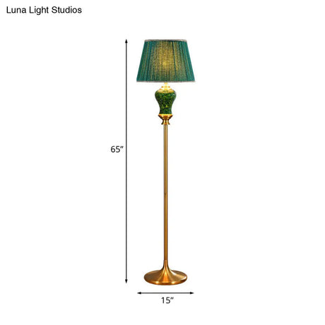 Country Style Plated Green Floor Lamp With Tapered Drum Shade And Ceramic Pot Decor