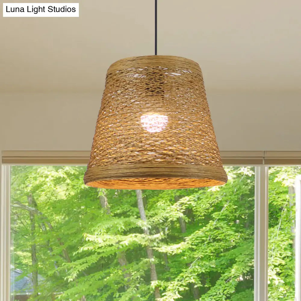 Country Style Rattan Fiber Pendant Lamp - Conic Hanging Lighting For Dining Table