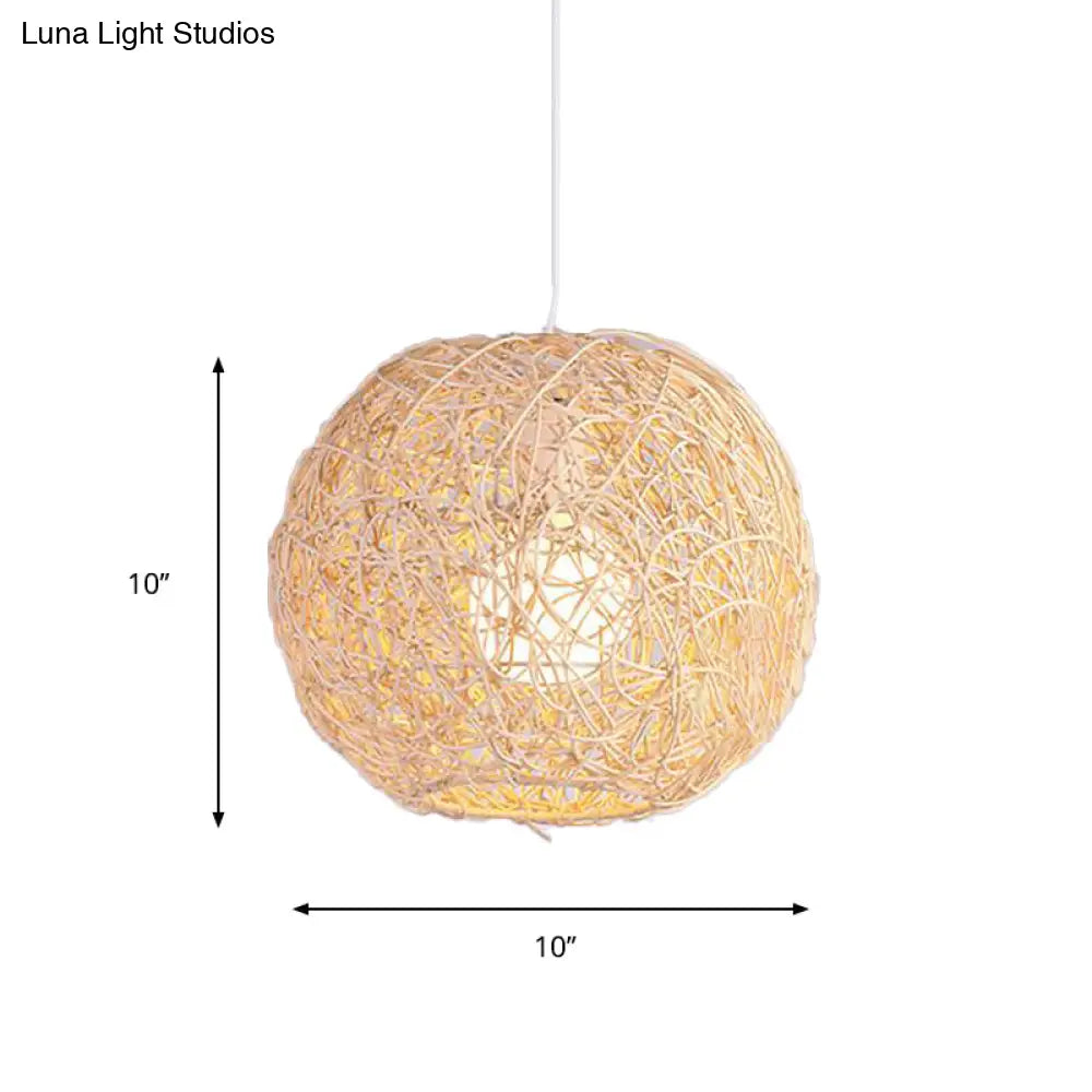 Country Style Rattan Orb Pendant Ceiling Light In Beige - Rustic One-Light Hanging Lighting