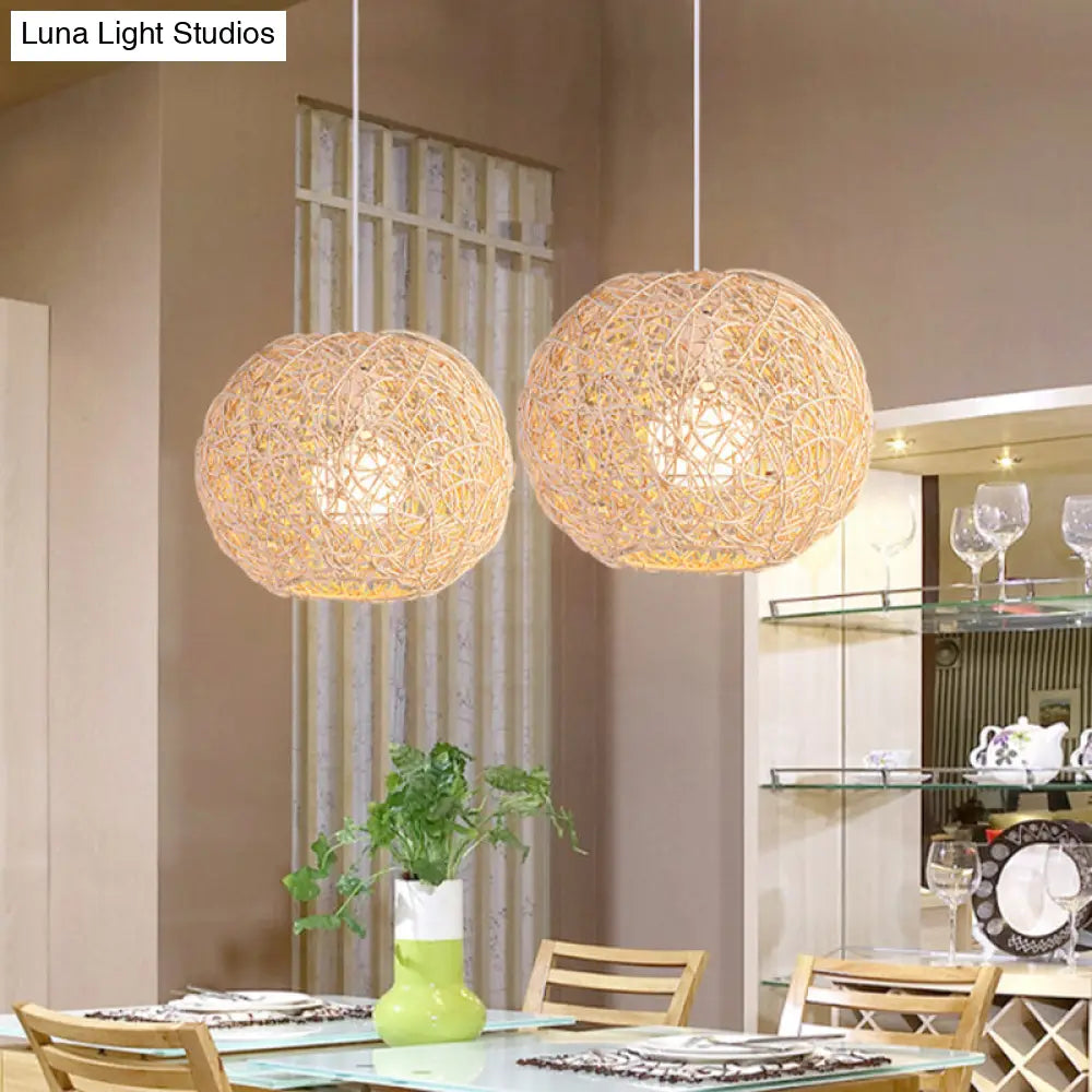 Country Style Rattan Orb Pendant Ceiling Light In Beige - Rustic One-Light Hanging Lighting